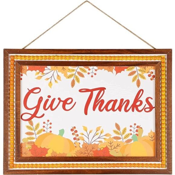 Thanksgiving Decoration Wooden Sign,15.4"x11.4" Hanging Pumpkin Give Thanks Sign - Picture 1 of 7